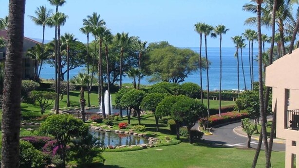 Ein Resort mit Pool, Palmen und Blick auf den Ozean.