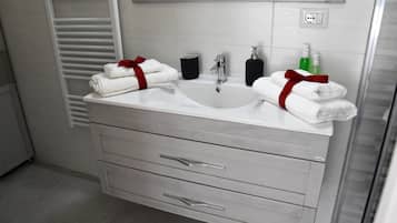 Dusche, Haartrockner, Handtücher, Seife