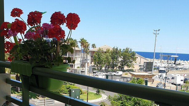 Un balcone con vista su un porto turistico e degli edifici, un tavolo imbandito con cibo e bevande, e un vaso fiorito con fiori rossi.