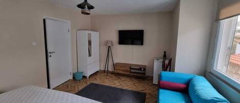 Una habitación con cama, sofá azul, televisión, armario y ventana.