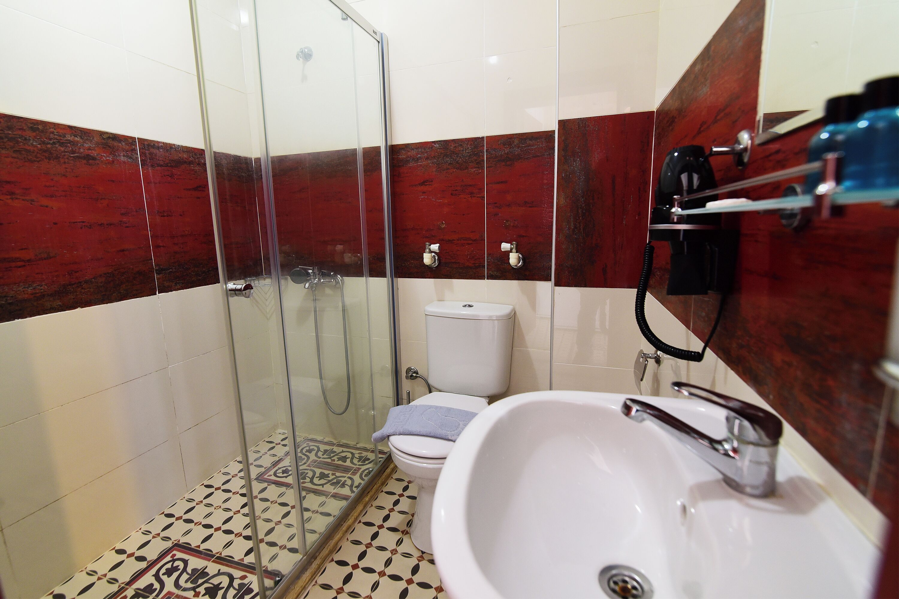 A bathroom with a glass shower enclosure, a toilet, and a sink with a mirror.