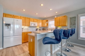 Fridge, microwave, dishwasher, coffee/tea maker