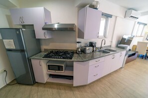 Kühlschrank, Mikrowelle, Herdplatte, Wasserkocher mit Kaffee-/Teezubehör