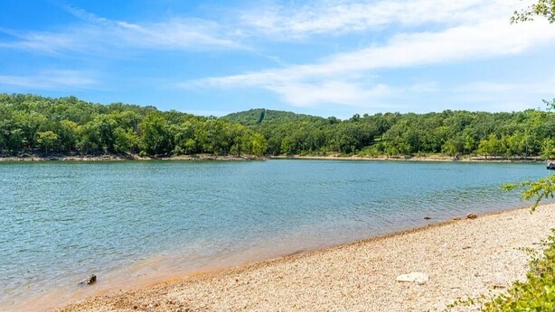 A natural landscape with a calm lake, pebbly shore, and dense forest in the background. - Walk-In Unit W/Lake View and Close to SDC (Branson)