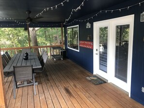 Outdoor dining - All Decked Out!  Grand Lake waterfront, boat dock and views. Drowning Creek. (Jay)