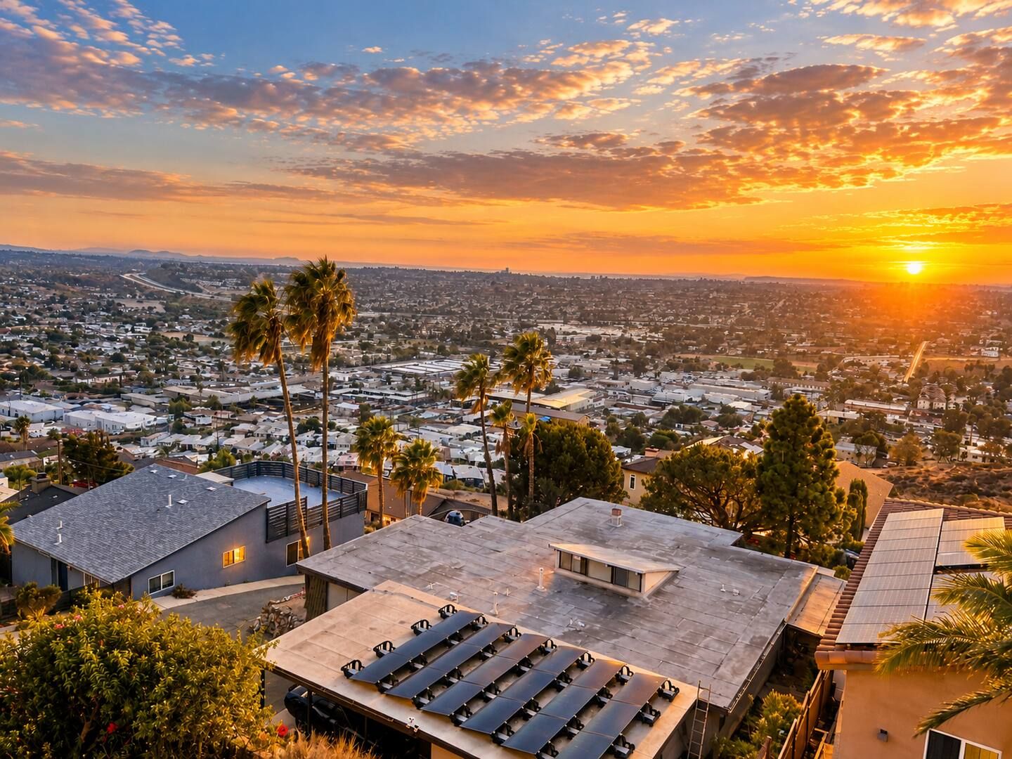 A rooftop with solar panels, surrounded by residential buildings and palm trees, during sunset.