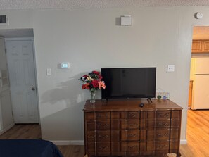 A room with a wooden dresser, a flat-screen TV, a flower vase, and a door. - Entire Apartment Suite (Austin)