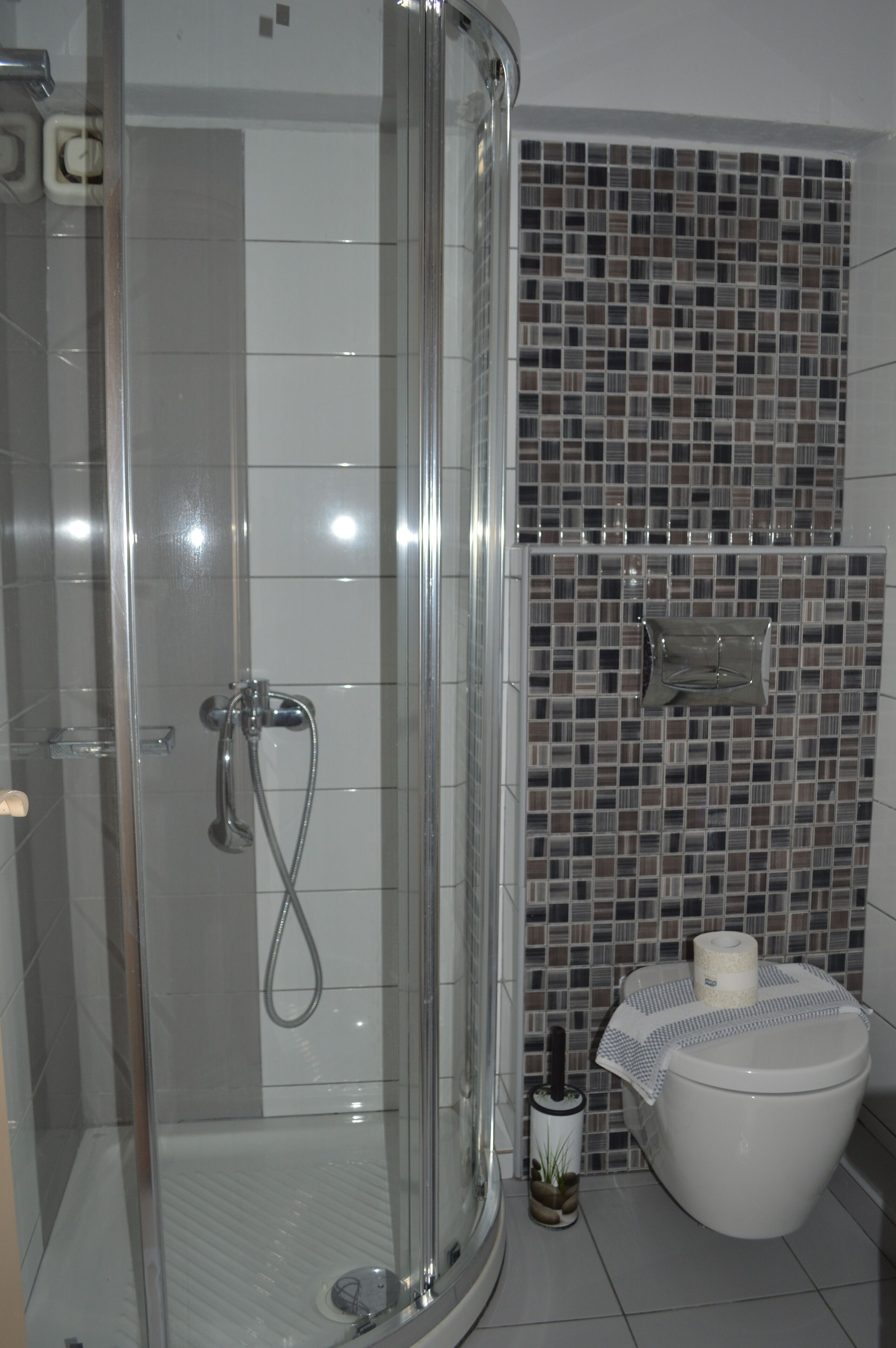 Un baño con ducha envuelta en vidrio, inodoro con dispensador de papel higiénico y salpicadero de azulejos.