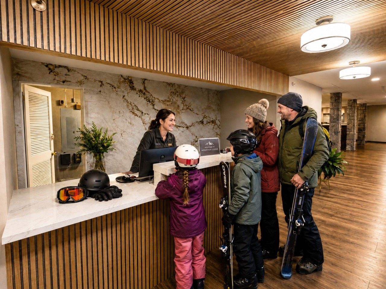 Un comptoir d’accueil avec un réceptionniste, un enfant portant un casque et deux adultes équipés pour le ski.