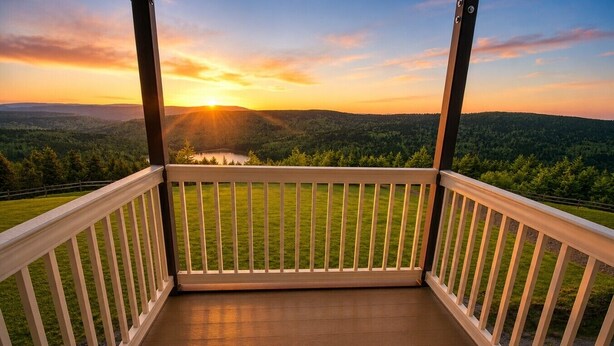 A wooden deck with a white railing, overlooking a grassy landscape and a lake during sunset.