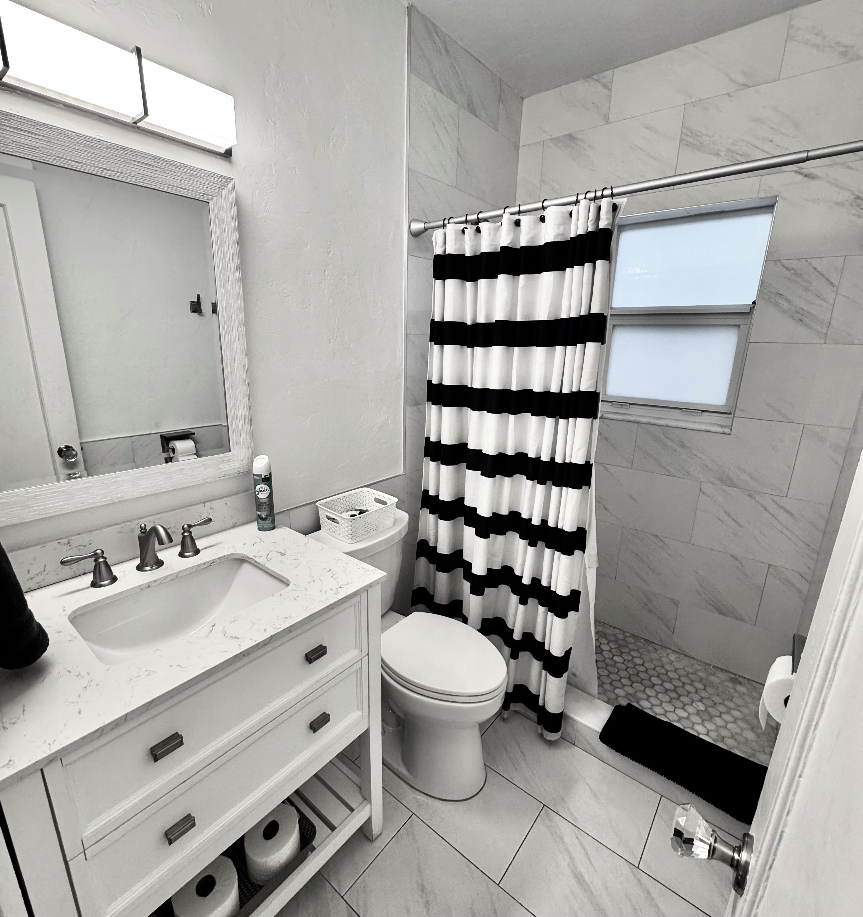 Hair dryer, towels, soap, shampoo