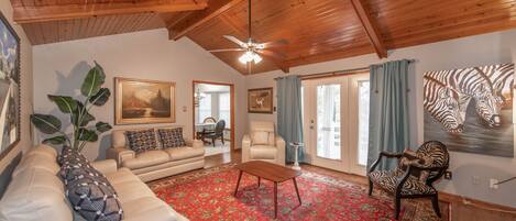 Smart TV, fireplace, books, video library