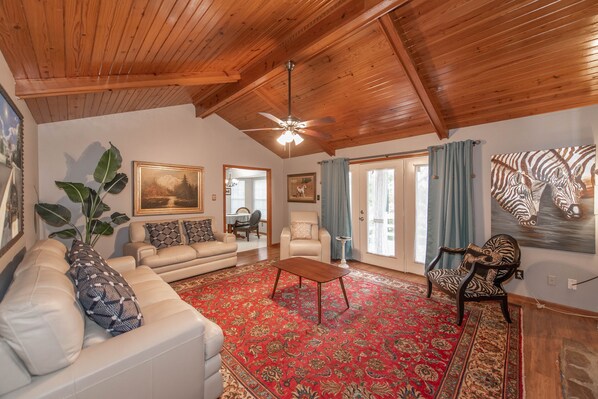 Smart TV, fireplace, books, video library