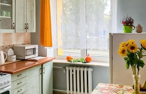 Fridge, microwave, stovetop, coffee/tea maker