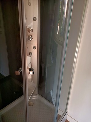 Shower, hair dryer, towels, toilet paper