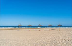 Une plage avec cinq parasols en chaume alignés en rangée.