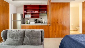 Un ambiente compatto con angolo cottura, divano e letto.