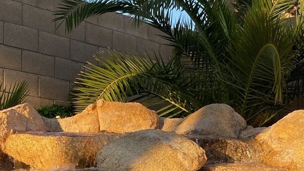 Piscina com água cristalina, rodeada por pedras grandes e palmeiras.