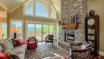 TV connectée, cheminée, lecteur de DVD, livres