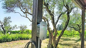 An outdoor electrical box mounted on a wooden post, surrounded by trees and a grassy area. - La Quercia by Interhome (Orte)
