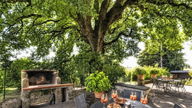 An outdoor patio with stone flooring, a round table with chairs, a grill, and potted plants. - La Quercia by Interhome (Orte)