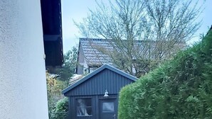 Ein Weg führt zu einem dunkelblauen Gebäude mit einer Glocke an der Tür, umgeben von Grünpflanzen und einer Hecke.