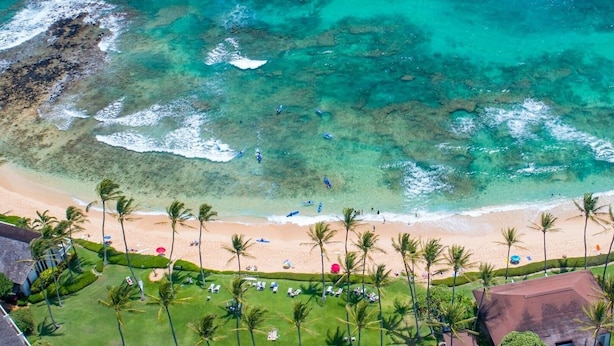 An aerial view of a beach with clear turquoise waters, palm trees, and a well-maintained lawn with lounge chairs. - Kiahuna Plantation #198 - The Best Beachfront Condominium on Kauai (Koloa)
