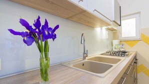 A modern kitchen with a double sink, stainless steel faucet, and a gas stove.