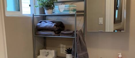 Regadera, toallas, jabón, shampoo