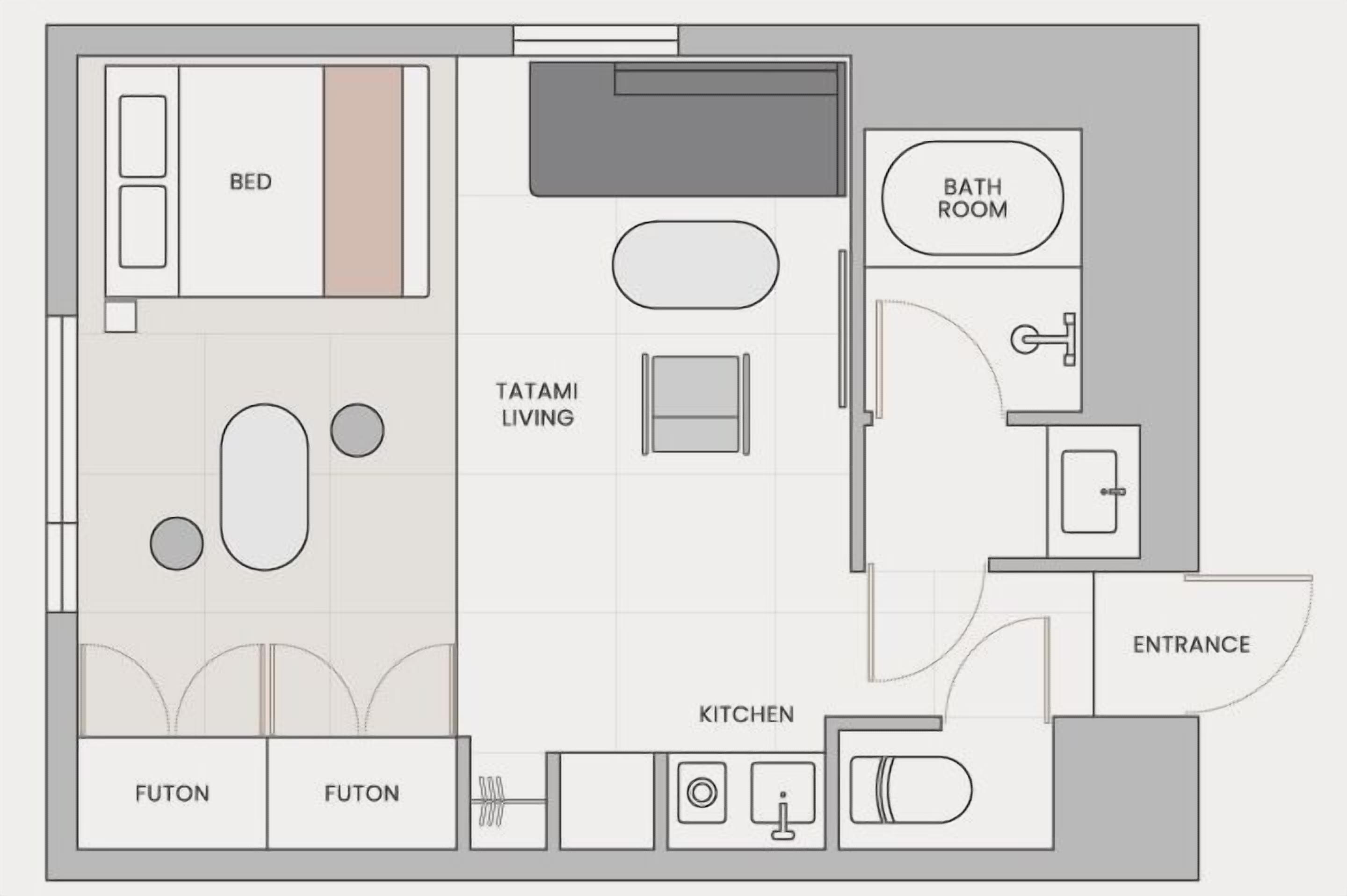 A floor plan of a hotel room with a bed, tatami living area, futons, a kitchen, a bathroom, and an entrance.