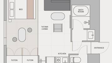 A floor plan of a hotel room with a bed, tatami living area, futons, a kitchen, a bathroom, and an entrance.