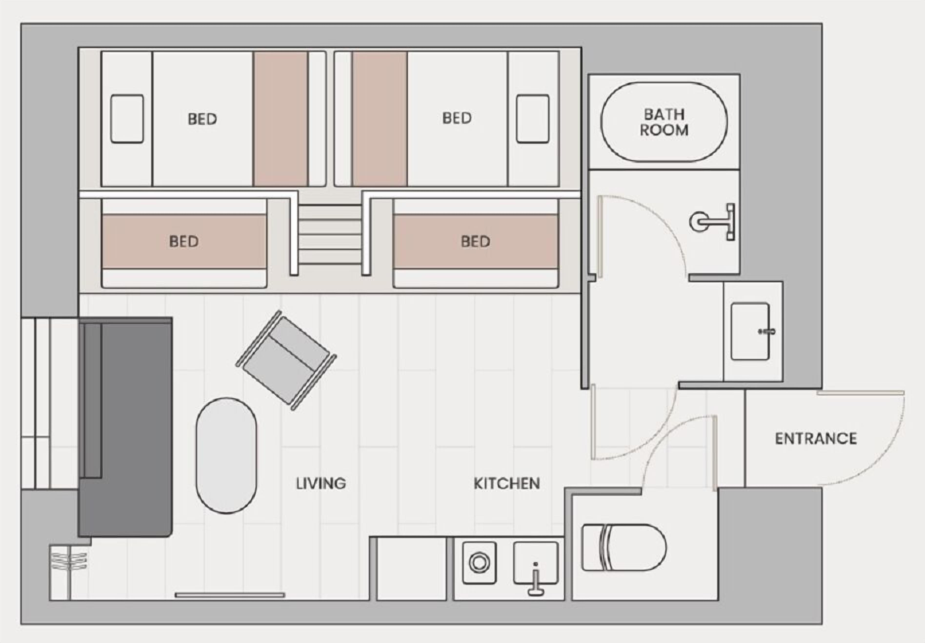 Plano de un hotel que muestra cuatro dormitorios, una sala de estar, una cocina, un baño y una entrada.