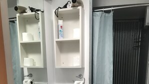 Dusj, hårføner, håndklær og såpe