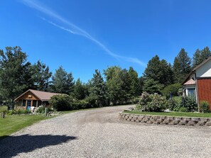 A gravel driveway leading to a wooden cabin with a metal roof, surrounded by dense trees and a clear blue sky.
