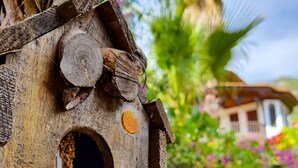 Un comedero de pájaros rústico de madera, con entrada circular y una pequeña plataforma.