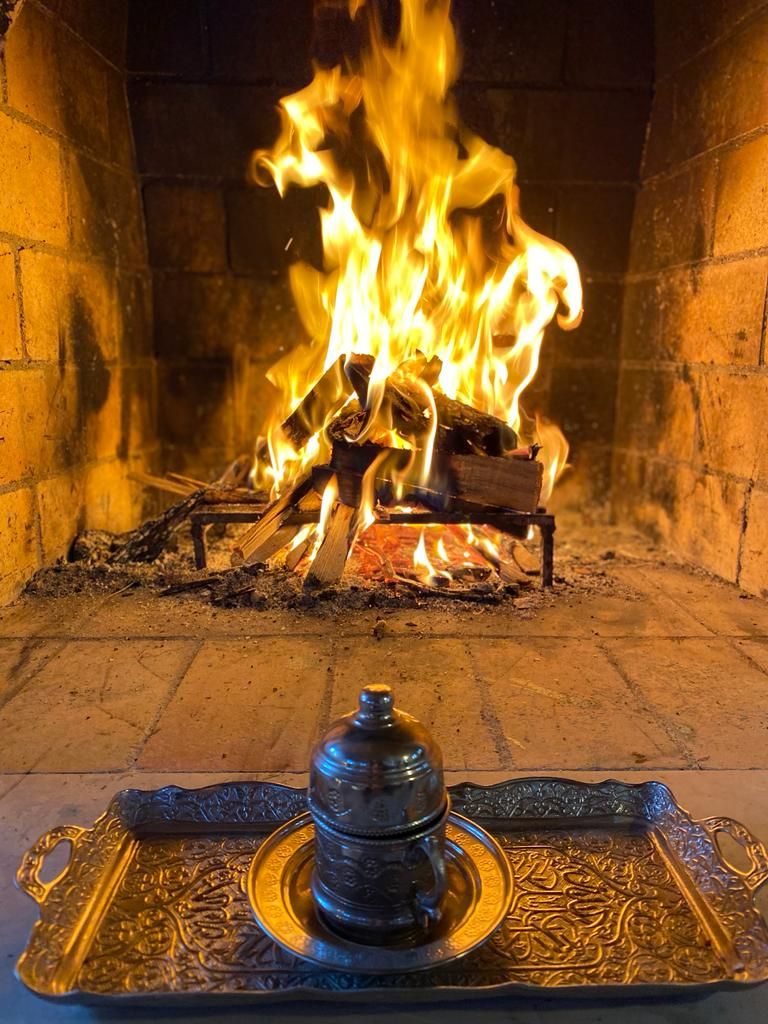 A fireplace with a burning log, a metal tray with a decorative item, and a brick wall.