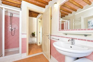 A bathroom with a shower, sink, and mirror. - Ginepro Grillo (Camaiore)
