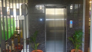 An elevator with a digital display, flanked by two potted plants, and a green machine to the left. - Siri Delight (Bengaluru)