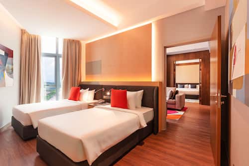 In-room safe, desk, laptop workspace, blackout curtains