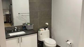 Combined shower/tub, hair dryer, soap, shampoo