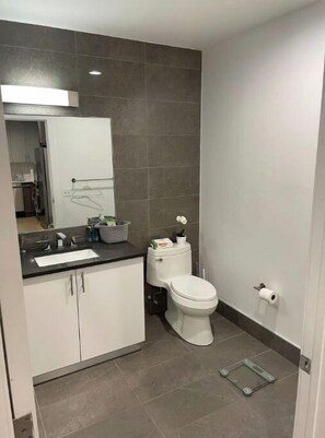 Combined shower/tub, hair dryer, soap, shampoo