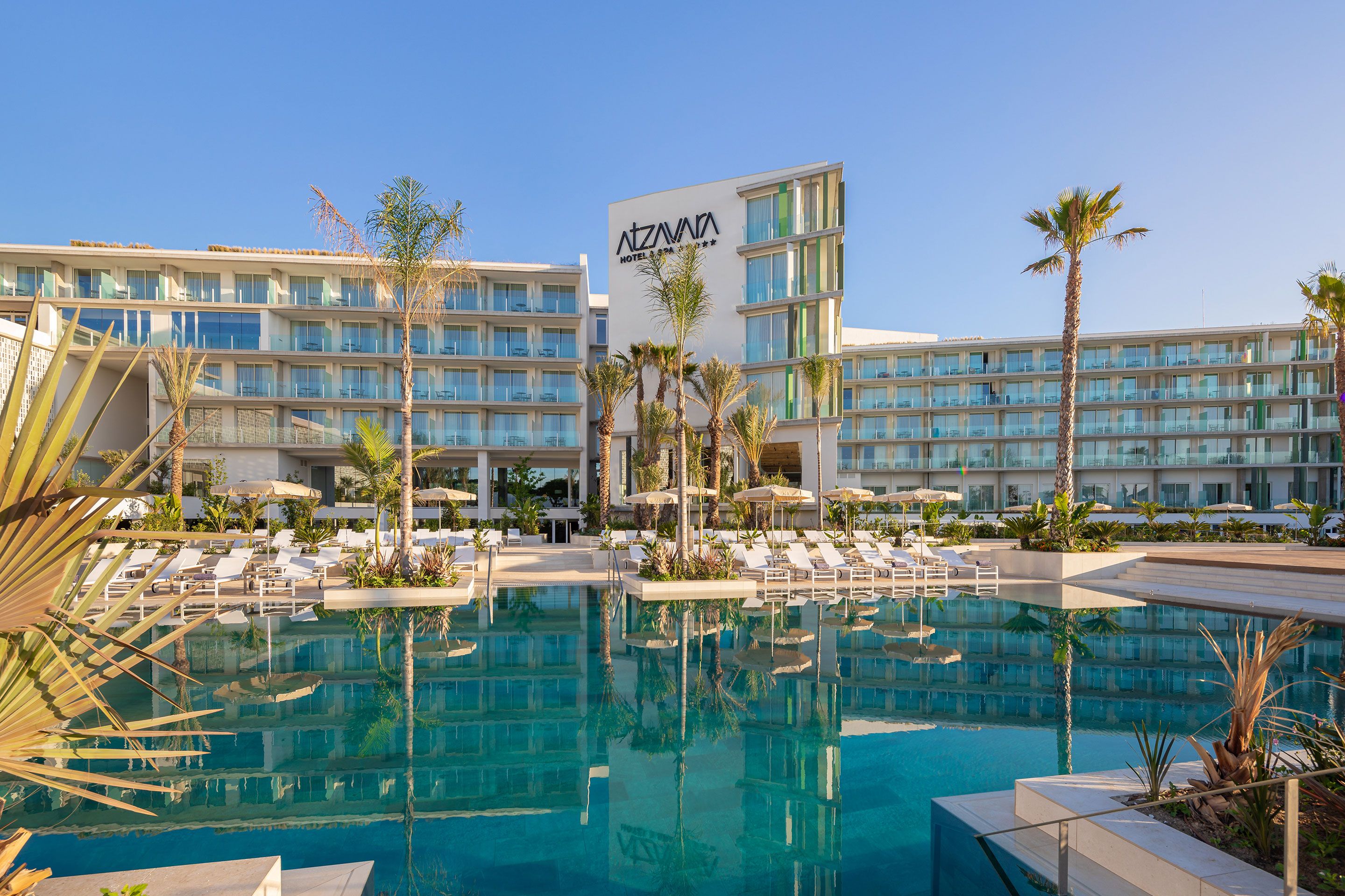 Un hotel con una piscina ampia, palme e lettini prendisole.