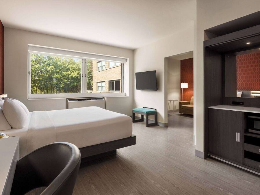 A modern hotel room with a bed, a desk, a TV, and a view of trees through the window.