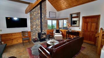 Smart TV, chimenea y libros