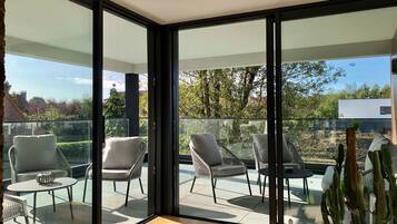A modern balcony with glass doors, wicker furniture, and a cactus plant.