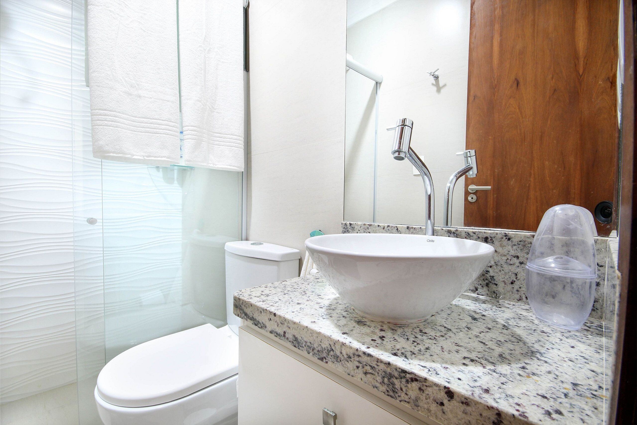 A bathroom with a white toilet, a large white sink, a wooden door, and a glass shower enclosure.