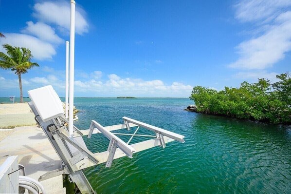 A clear view of a beachside lounge chair by the water, a palm tree, and a mangrove area. - Castaway To Sugarloaf Key Waterfront—Bring Your Boat—Corner Lot (Upper Sugarloaf Key)