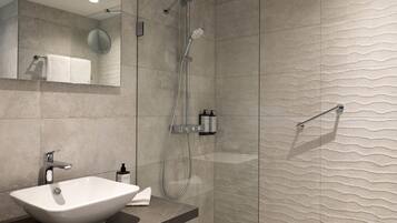 Shower, rainfall showerhead, eco-friendly toiletries, towels