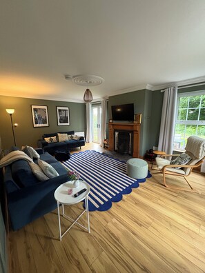 Smart TV, fireplace, books