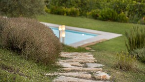 Um caminho de pedra leva a uma piscina, rodeada por vegetação exuberante e arbustos.